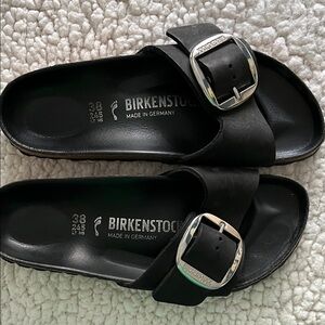Birkenstock Black Slide Sandals with Silver Buckle